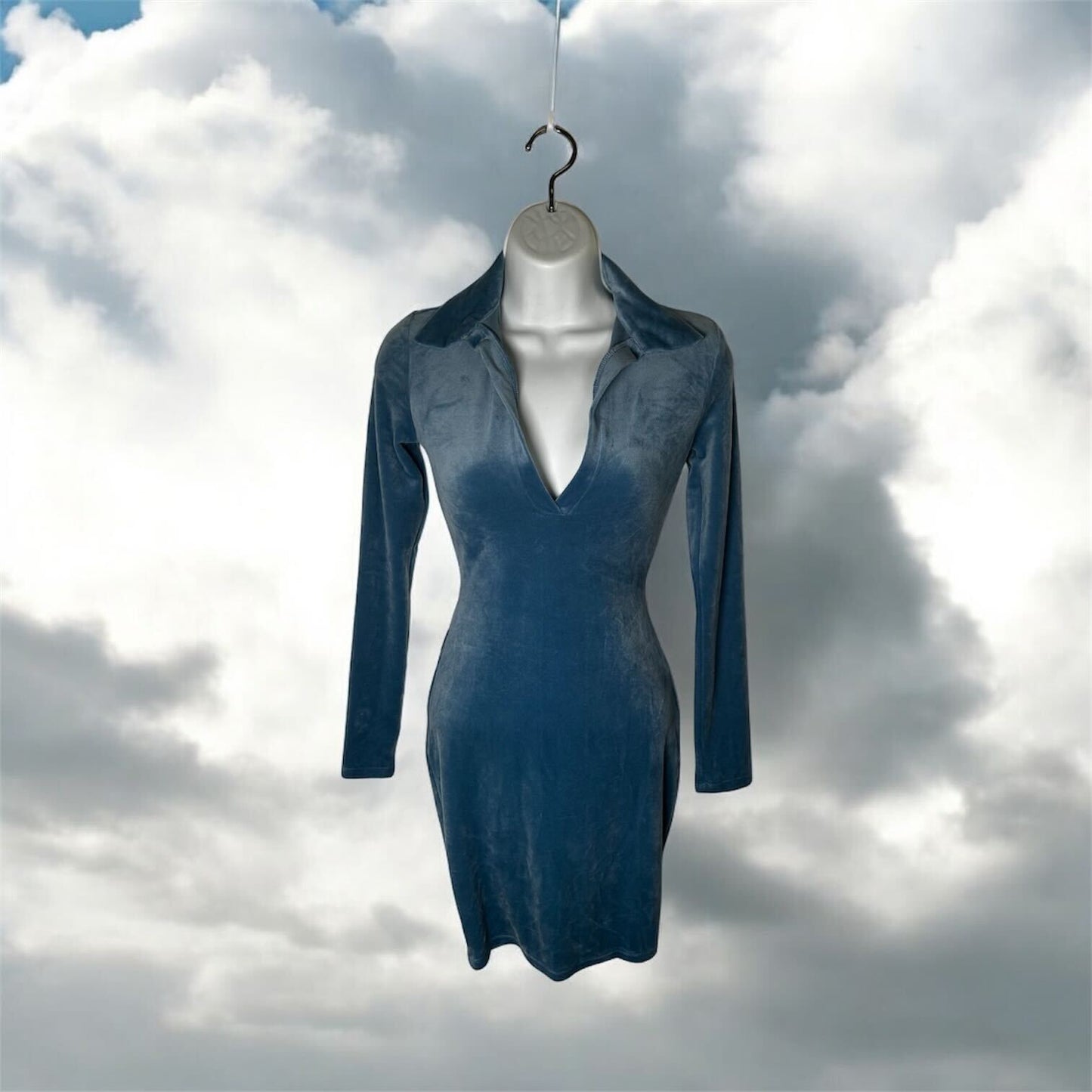 Crushed Blue Velvet Plunge V Polo Dress | S