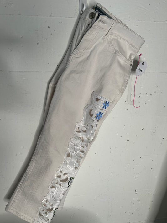 White denim with hand sewn details
