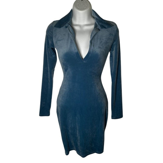 Crushed Blue Velvet Plunge V Polo Dress | S