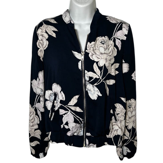 Peony print Navy Bomber with front zip | S